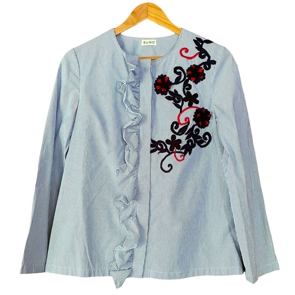Suno Striped Embroidered Floral Ruffle Blouse Size Small